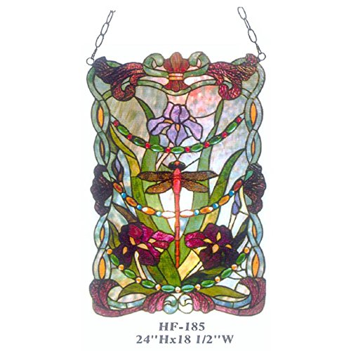 HDO Glass Panels HF-183 Tiffany Style Stained Glass Dragonfly with Flowers Decorative Window Hanging Glass Panel Suncatcher 24x185