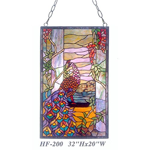 HDO Glass Panels HF-200 Pastoral Tiffany Style Stained Glass Peacock Floral Decorative Window Hanging Glass Panel Suncatcher 32 Hx20 W