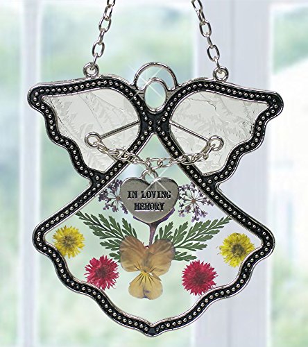 Angel Suncatcher - In Loving Memory Angel - Pressed Flowers Stained Glass Angel with Memorial Heart Charm - In Memory of Loved Ones - Memorial Keepsake