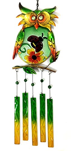 Bejeweled DisplayÂ Unique Owl w Ladybug on Stained Glass Wind Chimes
