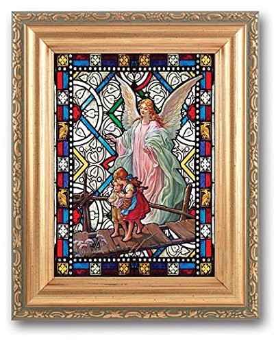 2 718 Guardian Angel Stained Glass Art Gold Colored Frame 5x7 with Copyrighted Paul Herbert Blessing