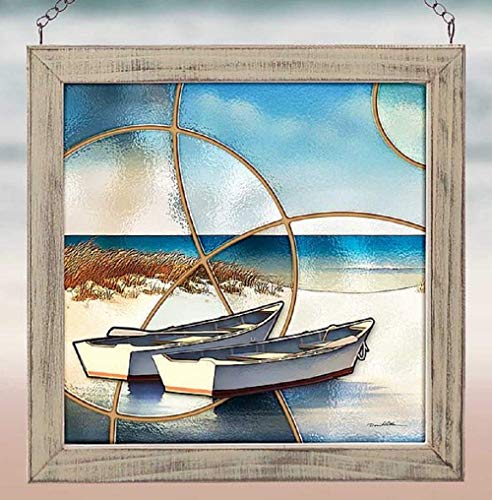 Darby Creek Trading Boats at The Beach Stained Glass Art Square Hanging Panel