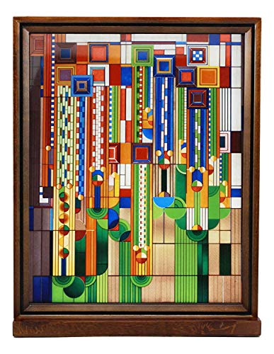 Ebros Frank Lloyd Wright Saguaro Forms and Cactus Flowers Stained Glass Art 3D Desktop Plaque with Wooden Base Or Wall Decor Hanger 15 H X 12 W Modern Architecture Home Library and Office Accent