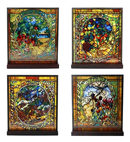Ebros Louis Comfort Tiffany Four Seasons Collection Set Stained Glass Art with Base Decor for Home and Office Decorative Cathedral Mosaic Style Glass Featuring Spring Summer Fall Winter Seasonal Year
