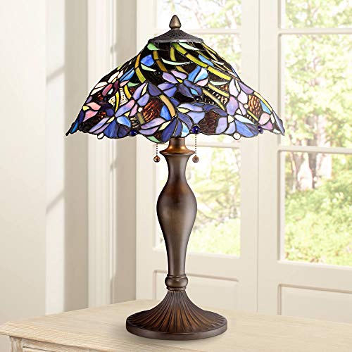 Grady Traditional Table Lamp Vintage Bronze Metal Floral Swirl Antique Stained Art Glass for Living Room Family Bedroom - Robert Louis Tiffany