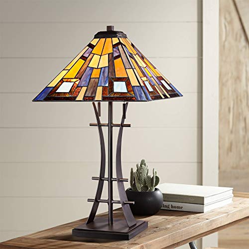 Jewel Tone Mission Table Lamp Iron Bronze Geometric Antique Stained Glass Art Shade for Living Room Family Bedroom Bedside - Robert Louis Tiffany
