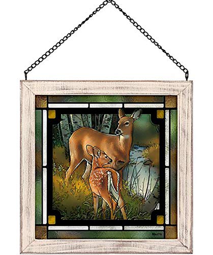 Whitetail Deer Doe Fawn at The Creek Stained Glass Art Hanging Panel