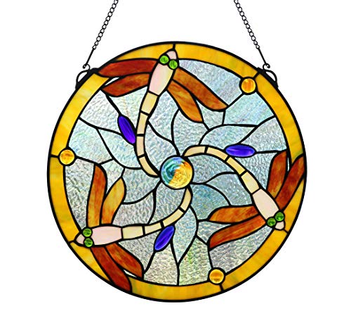 Yogoart 16 Inch Vintage Tiffany Style Round Stained Glass Art Dragonfly Window Panel Wall Hanging