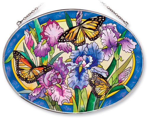Amia Oval Suncatcher With Iris And Butterfly Design Hand Painted Glass 6-12-inch By 9-inch