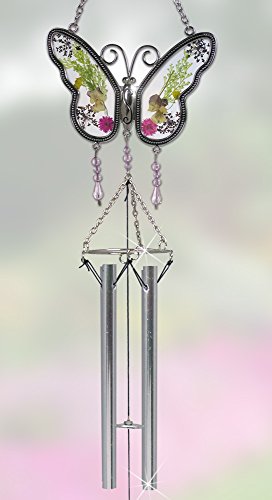 Butterfly Suncatcher Windchime With Real Pressed Flower Wings - Gifts For Mom - Metalamp Glass - 20 Inch High