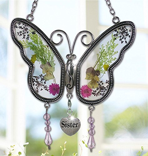 Circle Circle Sister Butterfly Suncatcher with Real Pressed Flower in Glass and Silver Metal Wings - Sister Butterfly Gifts