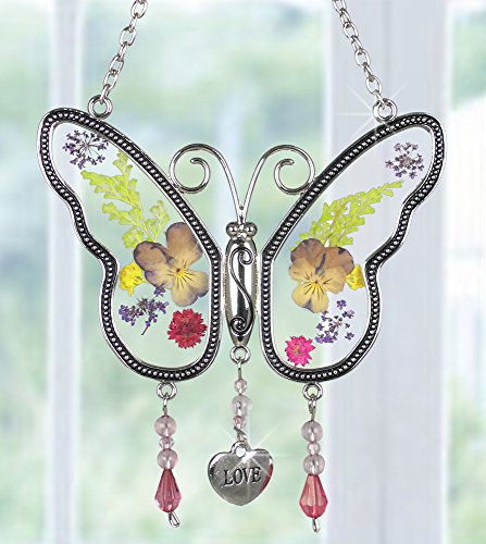Love Butterfly Suncatcher With Real Pressed Flower Wings In Glass And Silver Metal Heart Shaped Engraved Charm