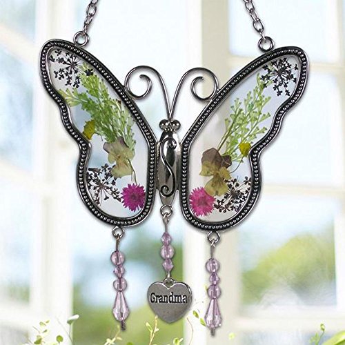 Smart LIfe Helper Grandma Butterfly Suncatcher Wind Chime with Pressed Flower Wings Embedded in Glass with Metal Trim Grandma Heart Charm - Gifts for Grandma