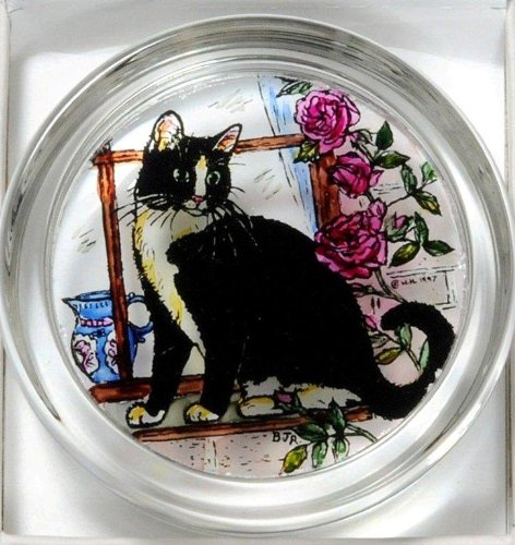 Decorative Hand Painted Stained Glass Paperweight In A Black And White Cat Design
