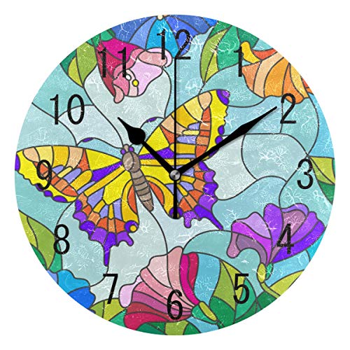 ALAZA Home Decor Stained Glass Butterfly Sky Flower Round Acrylic 9 Inch Wall Clock Non Ticking Silent Clock Art for Living Room Kitchen Bedroom
