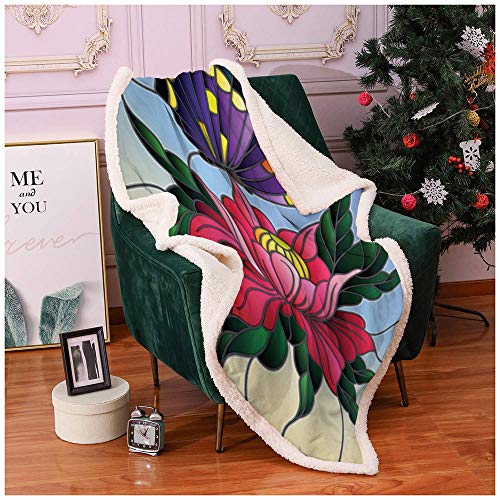 Home Decor Fleece Sherpa Throw Blankets Stained Glass Butterfly Aster Multicolor Sleeping Customized Office Crib Blankets Full Size 50x65 inch