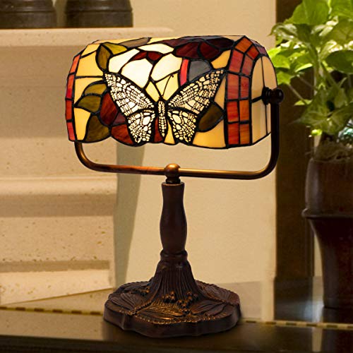 Lavish Home Tiffany Style Bankers Lamp-Stained Glass Butterfly Design Table or Desk Light LED Bulb Included-Vintage Look Colorful Accent Décor