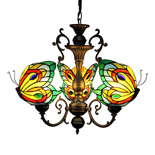 Makenier Tiffany Style Stained Glass Butterfly 3 Arms Wrought Iron Chandelier