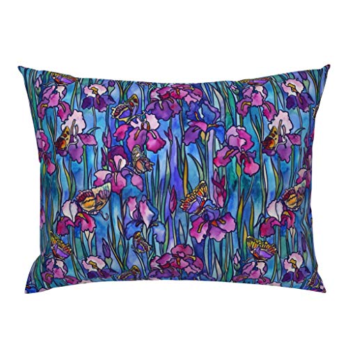 Roostery Pillow Sham Watercolor Irises  Butterflies Floral Butterfly Iris Stained Glass Print 100 Cotton Sateen 26in x 26in Knife-Edge Sham