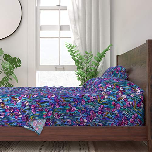 Roostery Sheet Set Watercolor Irises  Butterflies Floral Butterfly Iris Stained Glass Print 100 Itallian Cotton Sateen Sheet Set Queen