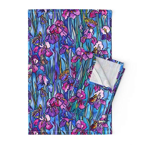 Roostery Tea Towels Watercolor Irises  Butterflies Floral Butterfly Iris Stained Glass Print Linen Cotton Tea Towels Set of 2