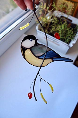 Chickadee Bird Suncather Tiffany Style Stained Glass Bird Lover Friend Mom Father Partner Housewarming Custom Gift Window Hanging