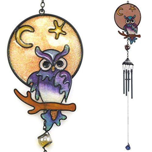 Colorful Stained Glass Windchime Wind Chime Owl Bird 24-inch Black Purple