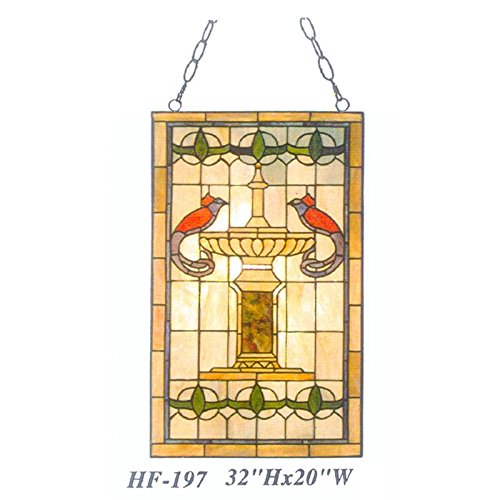 HDO Glass Panels HF-197 Pastoral Tiffany Style Stained Glass Birds&Building Decorative Window Hanging Glass Panel Suncatcher 32 Hx20 W