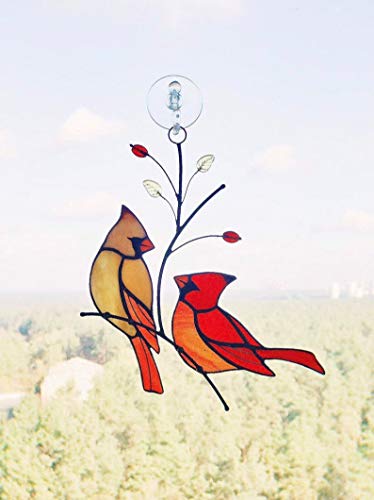 Red Cardinals Couple Suncather Stained Glass Bird Lover Friend mom Father Partner Housewarming Custom Gift Window hangings