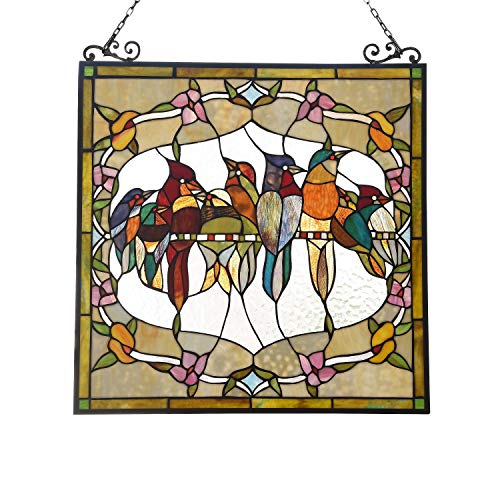 Stained Glass BirdFlower Window Panel Suncatcher Multi Color Casual Square Animals Flowers Metal Includes Hardware