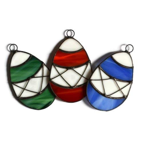 Colorful Easter Eggs Stained Glass Ornaments Set of 3 Blue Red Green - Holiday Home Hanging Decor