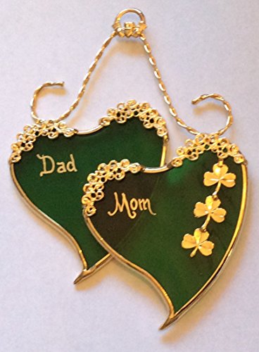 Emerald Green with Shamrocks and Claddaugh Irish Sweetheart Gift for Mom and Dad- Gold Finish - Stained Glass Ornament