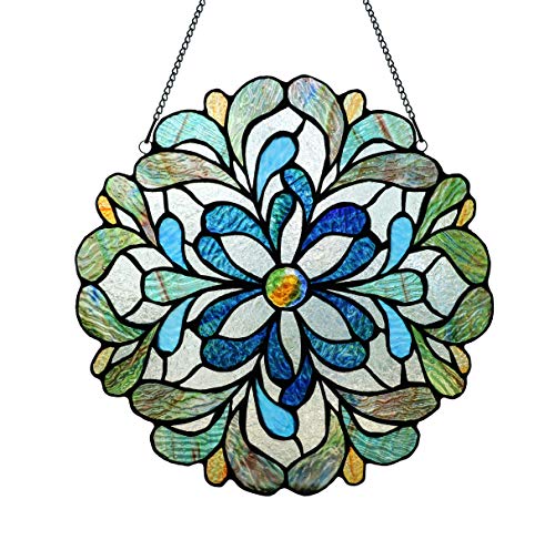 Yogoart Stained Glass Victorian Panel Decorative Window Hanging Suncatcher - Small Round Tiffany Style Ornament - Snowflake Style Blue Decoration for The Wall or Windows