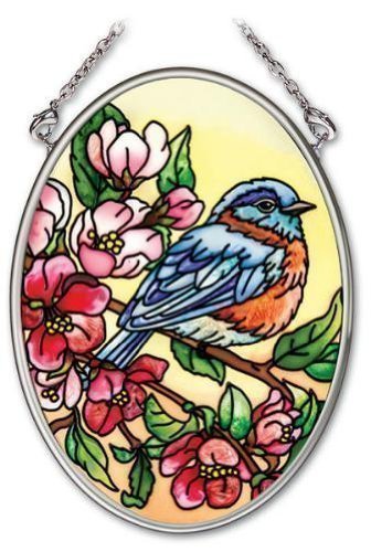 Amia 3-14 By 4-14-inch Oval Hand-painted Glass Suncatcher Bird And Blossom Small