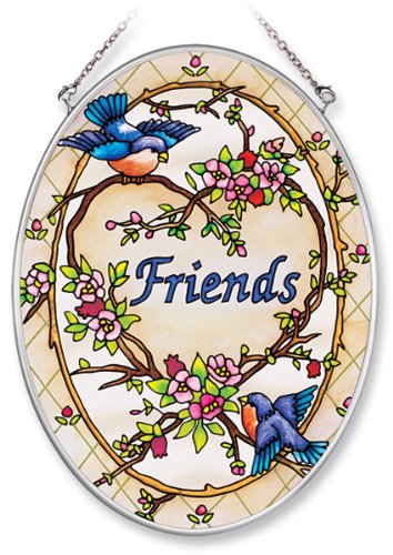 Amia Hand Painted Glass Suncatcher With Friends Songbird Design 5-14-inch By 7-inch Oval