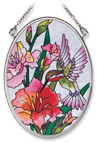Amia Hand Painted Glass Suncatcher With Gladiola And Hummingbird Design 3-14-inch By 4-14-inch Oval