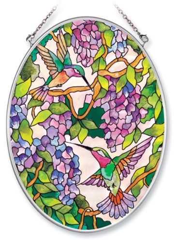 Amia Hand Painted Glass Suncatcher With Wisteria And Hummingbird Design 5-14-inch By 7-inch Oval