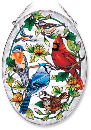 Amia Oval Suncatcher With Songbird And Cardinal Design Hand Painted Glass 6-12-inch By 9-inch