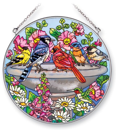 Amia Suncatcher Featuring Birds In A Birdbath Hand Painted Glass 6-12-inch Circle