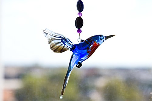 Bluebird Suncatcher Glass Yard Ornament with Sodalite and Amethyst Beading - Great Christmas Gift Sodaamthyst