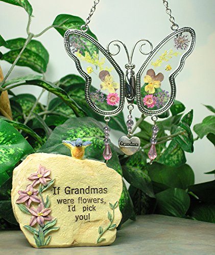 Grandma Message Rock and Butterfly Suncatcher Set - Butterfly Has Hanging Charm with Grandma Engraved on It - Grandma Gift - Grandma to Be - Mother-in-law