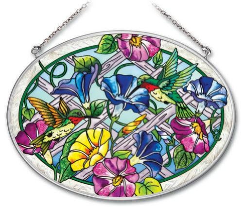Amia 41715 Hand-painted Large Oval Suncatcher Glass 9 By 6-12-inch Hummingbird And Floral Design