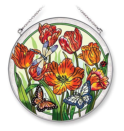 Amia 42054 6-12-inch Hand Painted Glass Circle Suncatcher Large Bright Tulip Design