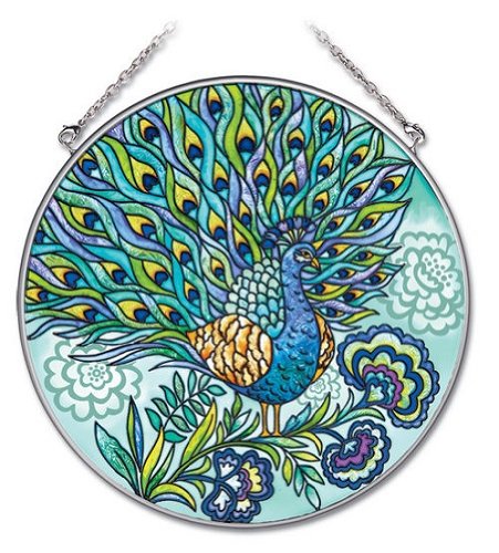 Amia 6-12-inch Circle Hand-painted Glass Suncatcher Peacock Large