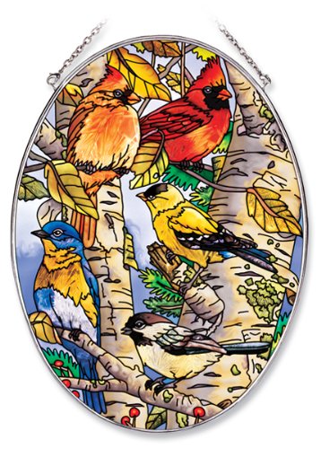 Amia 6433 Large Oval Suncatcher With Songbird Design 6-12-inch W By 9-inch L Hand-painted Glass
