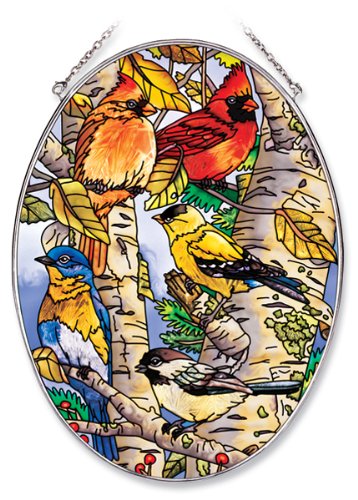 Amia 6433 Large Oval Suncatcher With Songbird Design 6-12-inch W By 9-inch L Hand-painted Glass