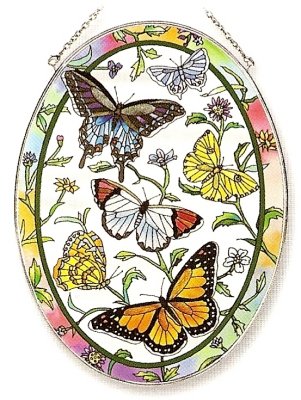Amia 7657 Large Oval Suncatcher With Butterfly Design 6-12-inch W By 9-inch L Hand-painted Glass