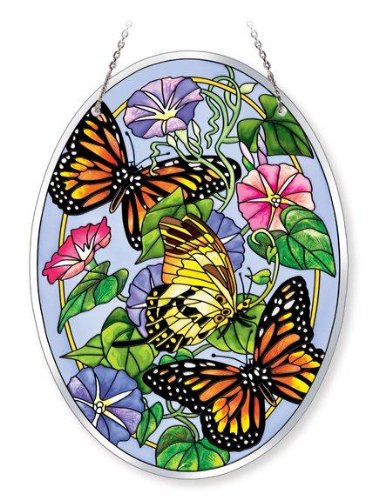 Amia Beveled Glass Large Oval Suncatcher Hand-painted Butterfly Design 6-12 By 9-inch