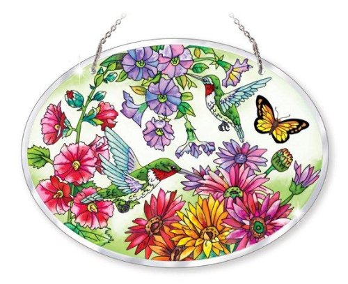 Amia Beveled Glass Large Oval Suncatcher Hand-painted Hummingbird Design 9 By 6-12-inch