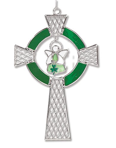 Irish Celtic Cross Stained Glass Suncatcher Ornament With Angel Holding Shamrock Charm - Glass And Metal - 9 Inch